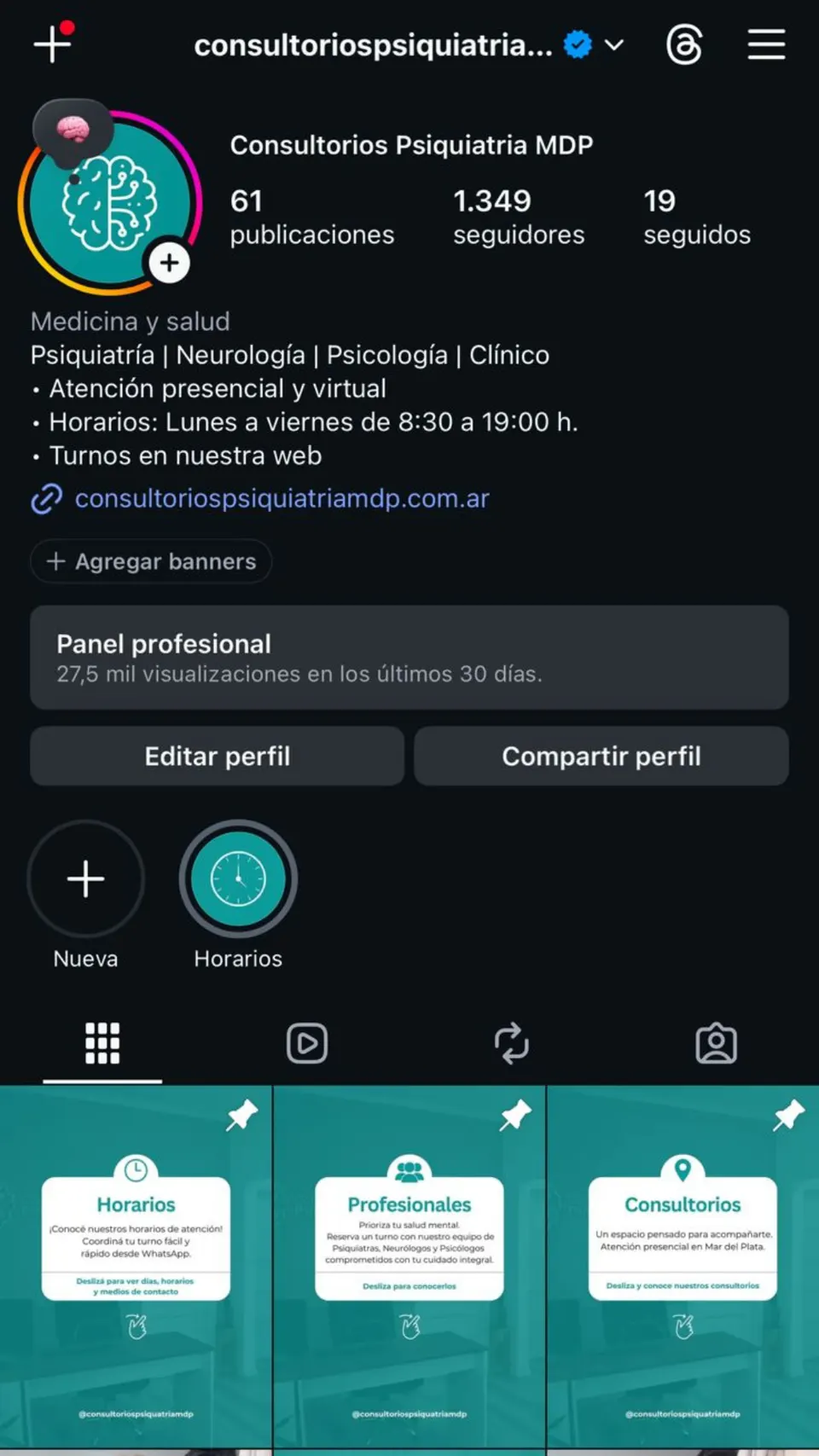 Perfil de Instagram verificado de Consultorios Psiquiatría MDP con 27,5 mil visualizaciones en los últimos 30 días