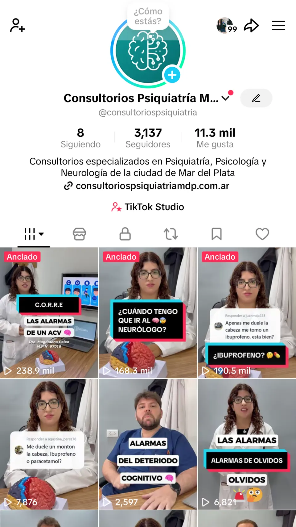Perfil de TikTok de Consultorios Psiquiatría MDP con 3.137 seguidores, 11,3 mil me gusta y videos de 238,9 mil, 168,3 mil y 190,5 mil visualizaciones