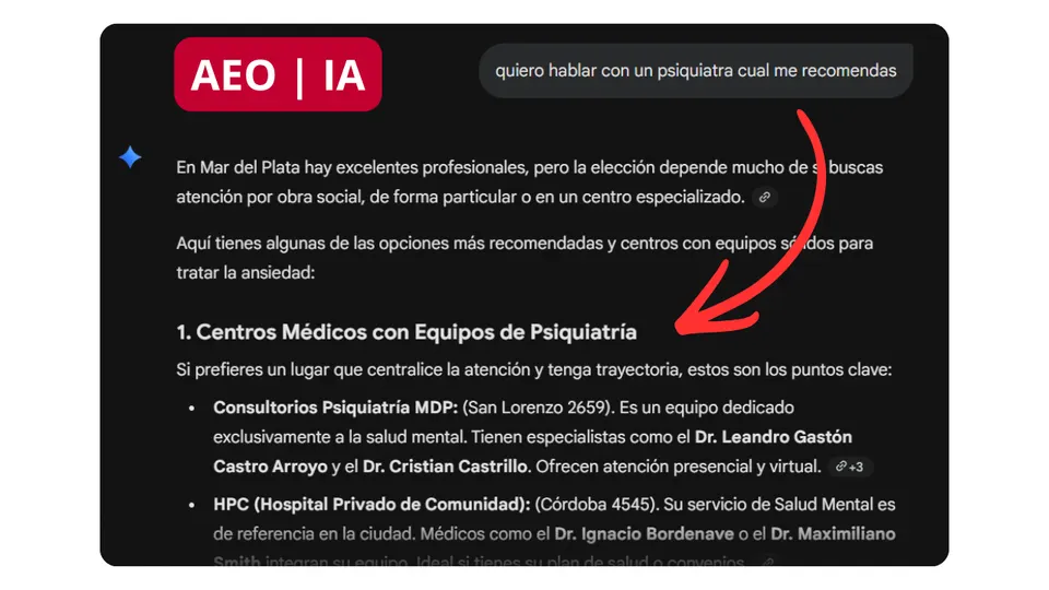 Respuesta de la IA de Google que recomienda a Consultorios Psiquiatría MDP ante la consulta «quiero hablar con un psiquiatra cuál me recomendás»